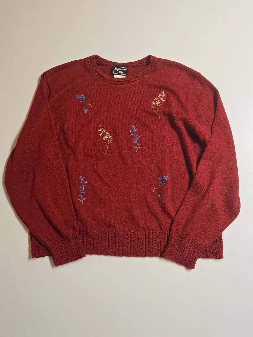 Southern Lady Vintage Floral Embroidered Crew Neck Pullover Sweater